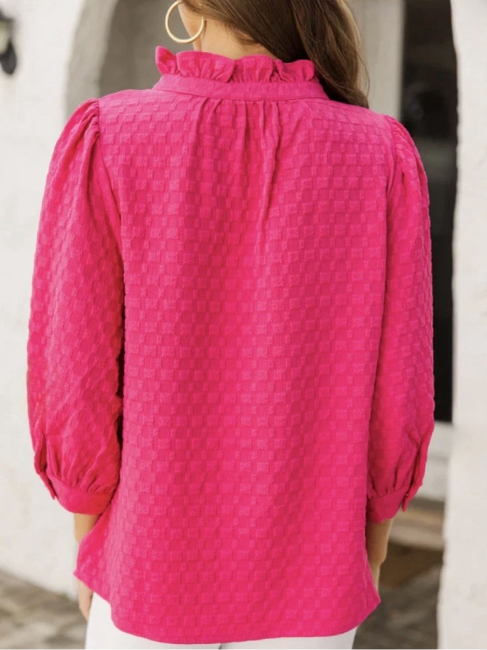 Shop the Mint Textured Knit V-Neck Pullover Blouse Ruffled Collar 3/4 sleeves M - Picture 6 of 9
